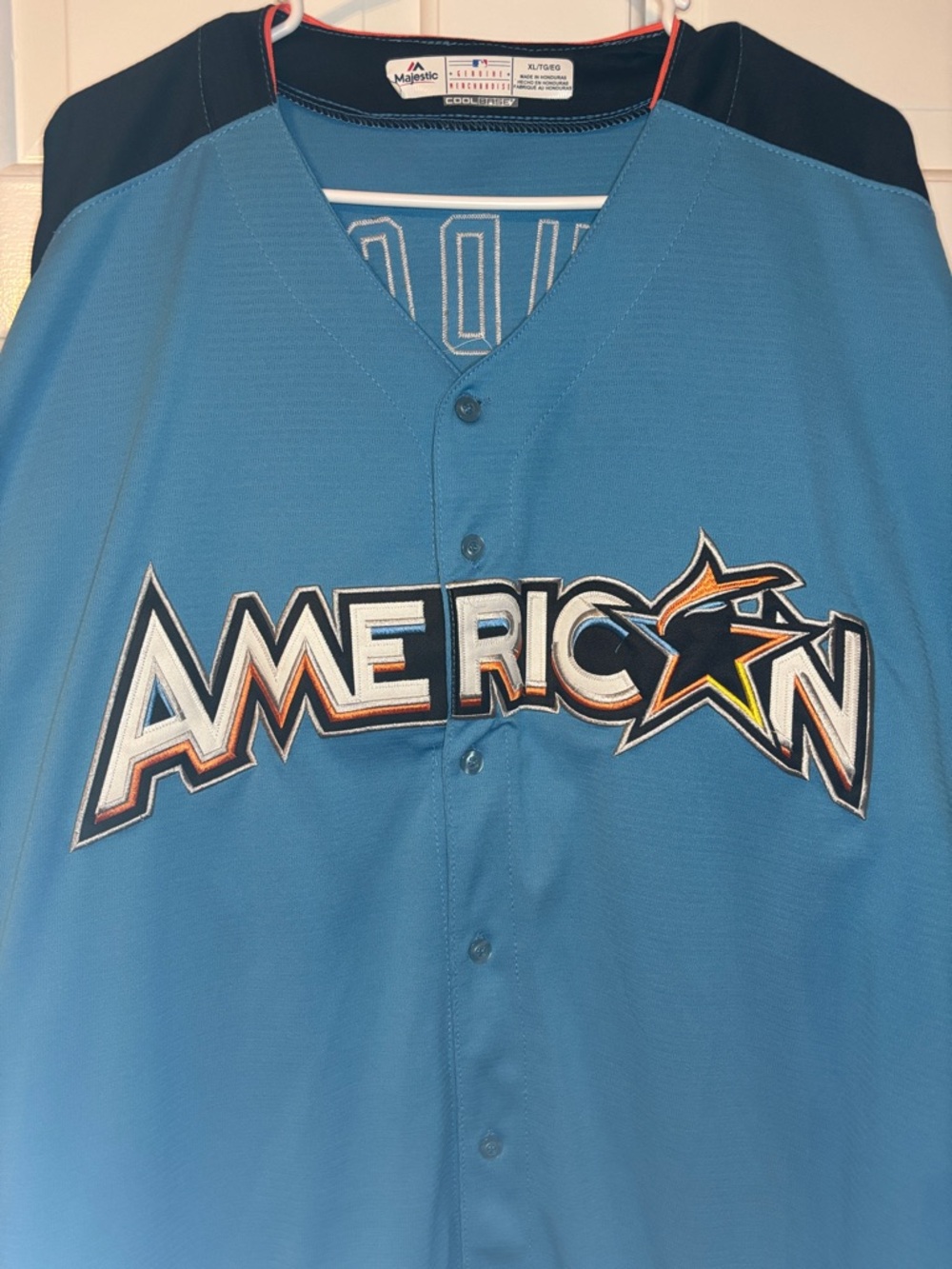 Majestic Light Blue and Navy 'American' Men's Baseball Jersey
